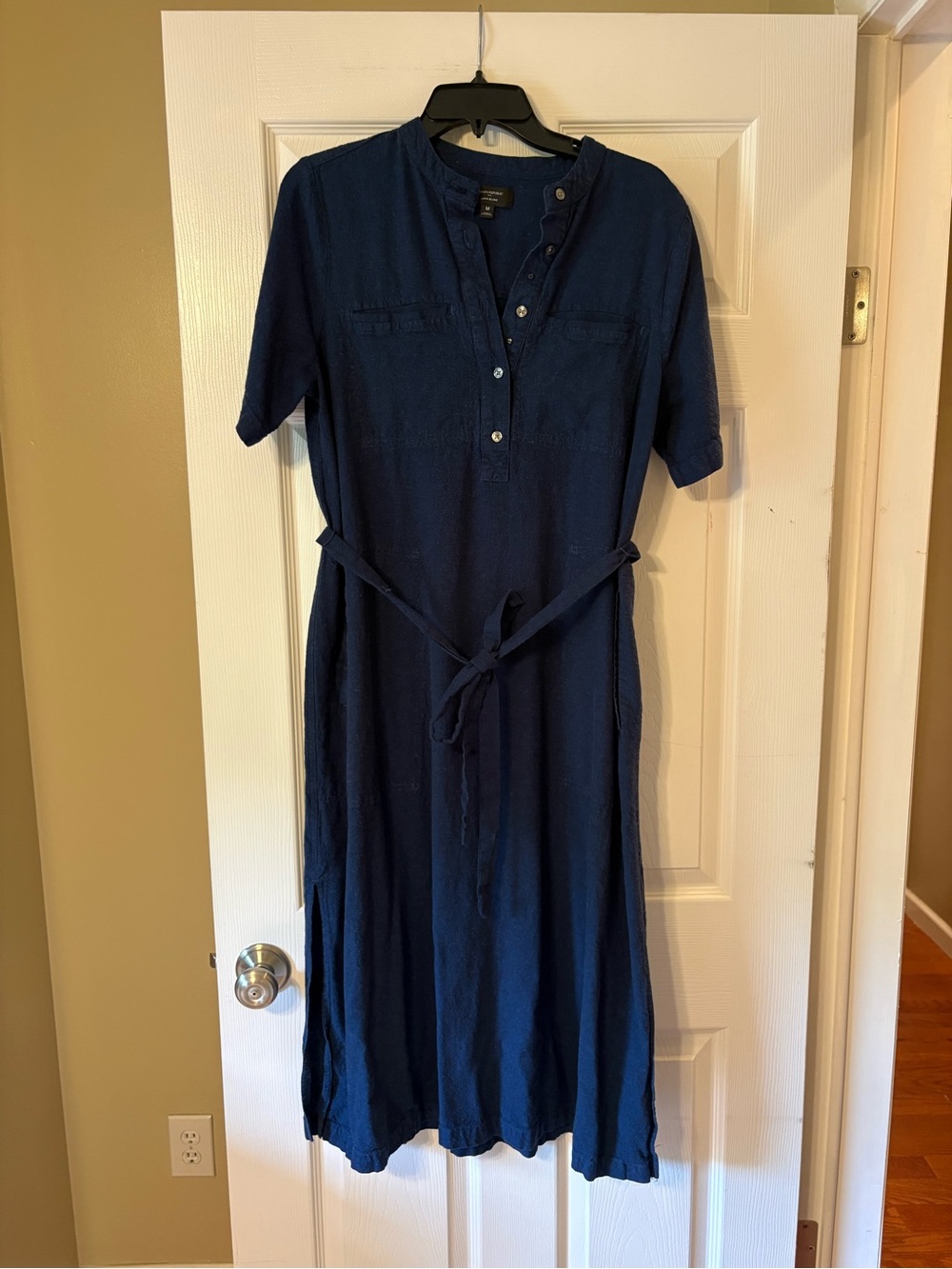 Banana Republic Shirt Dress Navy Blue Midi Button Front Tie Waist Casual Workwea